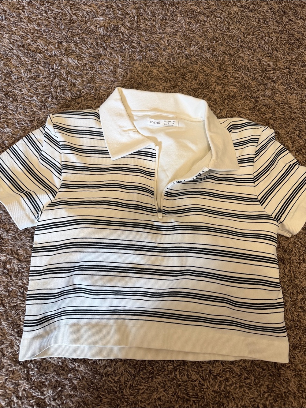 OYSHO Striped Polo Knit Top - White with Black Stripes